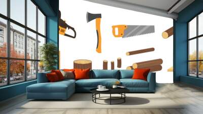 The illustration of wood and tools for cutting wood. Saws, ax, chainsaw Wall mural