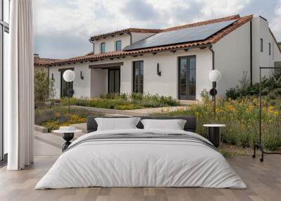 There is a row of solar energy panels installed on a tiled roof Wall mural