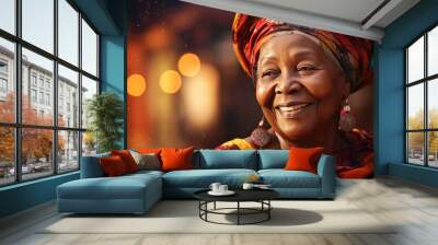 timeless beauty and wisdom of an African senior woman's radiant smile in a close-up face portrait. joy, strength, and resilience that come with age positive aging Wall mural