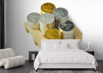 chocolate coin on Wood Pallets isolate white background. Wall mural