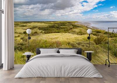 View from dune top near the sea over a green valley on an island on a sunny day Wall mural