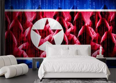 Anonymous hooded hackers, flag of North Korea, binary code - cyber attack concept Wall mural