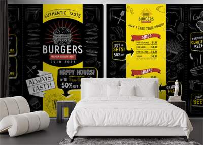 Burger bar menu template - A3 to A4 size (sides, wraps, burgers, soups, drinks, sets) - vector illustration Wall mural