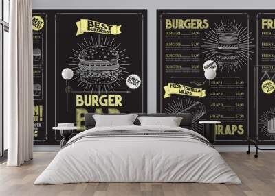 Burger bar menu template - A4 card (burgers, wraps, french fries, drinks, sets) Wall mural