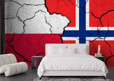 Flags of Poland and Norway on cracked surface - politics, relationship concept Wall mural