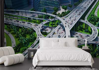 Highway intersection/ road interchange in the city with heavy traffic - 3D illustration Wall mural