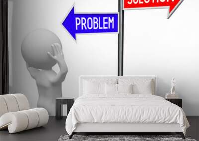 Problem and solution - signpost with two arrows, cartoon character - 3D illustration Wall mural