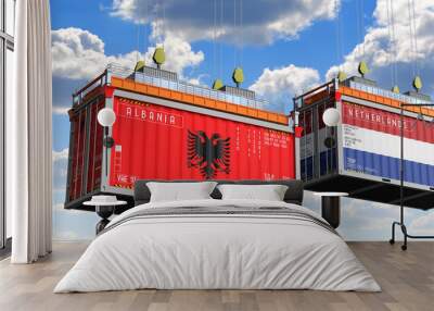 Shipping containers with flags of Albania and Netherlands - 3D illustration Wall mural