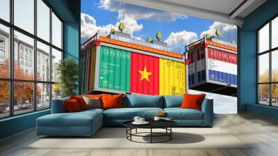 Shipping containers with flags of Cameroon and Netherlands - 3D illustration Wall mural