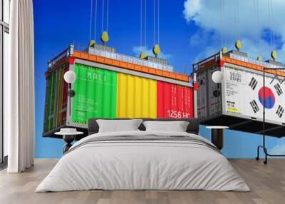 Shipping containers with flags of Mali and South Korea - 3D illustration Wall mural