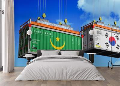 Shipping containers with flags of Mauritania and South Korea - 3D illustration Wall mural