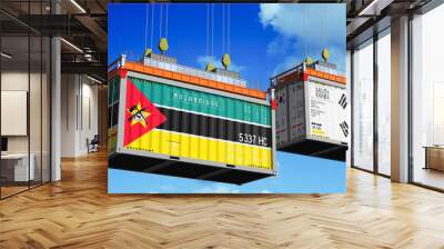 Shipping containers with flags of Mozambique and South Korea - 3D illustration Wall mural