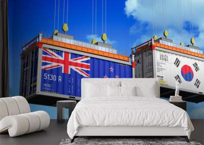 Shipping containers with flags of New Zealand and South Korea - 3D illustration Wall mural