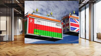 Shipping containers with flags of Oman and United Kingdom - 3D illustration Wall mural