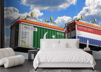 Shipping containers with flags of Pakistan and Netherlands - 3D illustration Wall mural