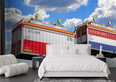 Shipping containers with flags of Poland and Netherlands - 3D illustration Wall mural