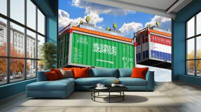 Shipping containers with flags of Saudi Arabia and Netherlands - 3D illustration Wall mural