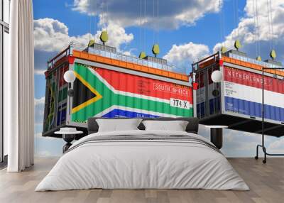 Shipping containers with flags of South Africa and Netherlands - 3D illustration Wall mural