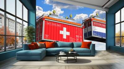 Shipping containers with flags of Switzerland and Netherlands - 3D illustration Wall mural