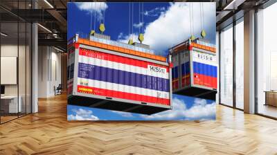 Shipping containers with flags of Thailand and Russia - 3D illustration Wall mural