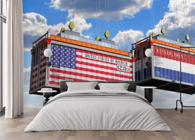 Shipping containers with flags of the USA and Netherlands - 3D illustration Wall mural