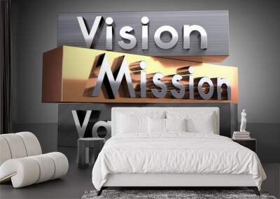 Vision, mission, values - words on metal blocks - 3D illustration Wall mural