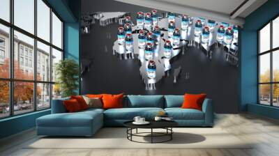 World map and covid-19 / SARS-CoV-2 / coronavirus vaccine ampoules to fight the pandemic - isolated on black background - 3D illustration Wall mural