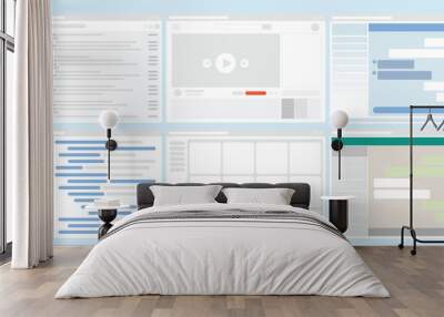 Set of program layout, UI design, Flat simple screen of website browser, Coding display, Email screen, Chat box, Computer window user interface screen. Wall mural