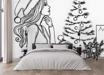 Continuous one line drawing of happy family on Christmas Day. Vector illustration. Wall mural