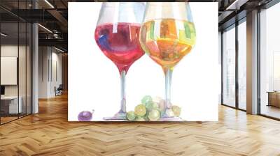 Watercolor wine glasses with white and red wine inside isolated on a white background illustration. Wall mural