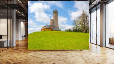 A scenic view of the Dalimil Lookout Tower in Czechia, with a stone tower and a wooden building nestled on a grassy hill. The sky is blue with fluffy white clouds. Wall mural