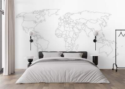 Blank map of World with thin black smooth country borders on white background. Simplified flat vector illustation. Wall mural