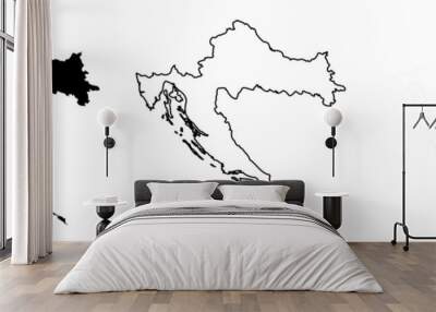 Croatia country silhouette. Set of 3 high detailed maps. Solid black silhouette, thick black outline and thin black outline. Vector illustration isolated on white background. Wall mural