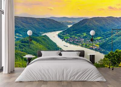 Danube River in hilly Wachau Valley landscape, Austria Wall mural