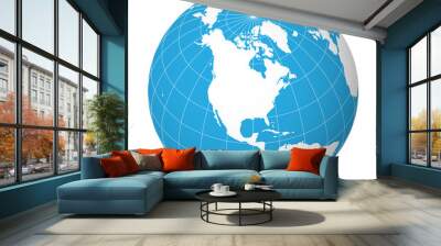 Earth globe with green world map and blue seas and oceans focused on North America. With thin white meridians and parallels. 3D vector illustration. Wall mural