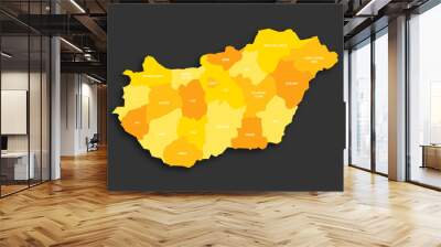 Hungary political map of administrative divisions - counties and autonomous city of Budapest. Yellow shade flat vector map with name labels and dropped shadow isolated on dark grey background. Wall mural