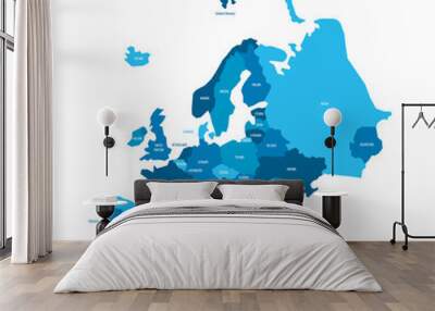 Political map of Europe. Blue colored land with country name labels on white background. Ortographic projection. Vector illustration Wall mural