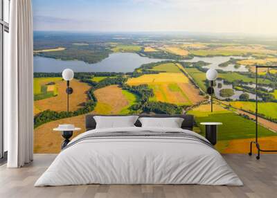 This stunning aerial view showcases Rozmberk Pond near Trebon, Czechia, revealing its expansive waters surrounded by lush green fields and patches of farmland under a clear sky. Wall mural