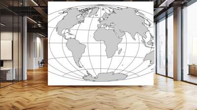 This vector representation displays the world map in Aitoff projection, showcasing continents, oceans, and geographical lines. The layout highlights the curved boundaries of landmass and water. Wall mural