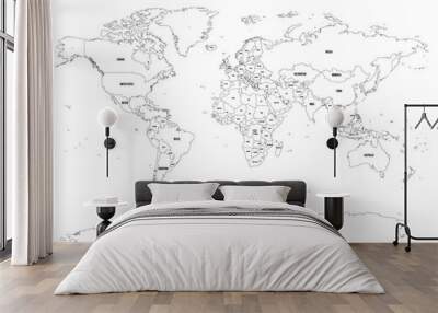 Vector political map of world. Black outline on white background with country name labels. Wall mural