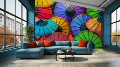 Colorful paper umbrellas on store shelves. Laos Wall mural