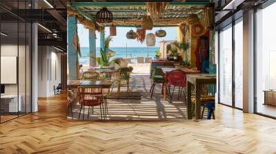 A beachside cafe using furniture and decor made from recycled ocean plastics generated by AI Wall mural