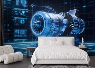 A jet engine is displayed on a computer screen with a blue background Wall mural