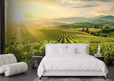 A panoramic view of a sun-drenched vineyard with rows of grapevines stretching generated by AI Wall mural