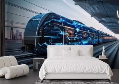 A train with a futuristic design is traveling down the tracks generated by AI Wall mural