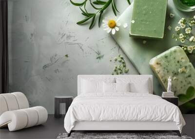 A white and green soap sits on a table next to a jar of lotion generated by AI Wall mural