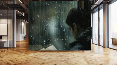 Man reading a thriller on a rainy day, with raindrops on the window generated by AI Wall mural