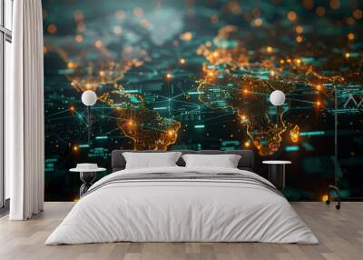 World map with communication grid, data traveling fast Wall mural