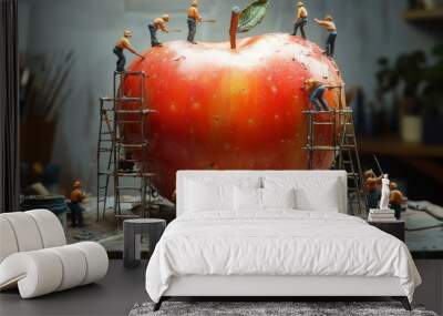 3D miniature workers painting a giant apple, using scaffolding and tiny paintbrushes Wall mural