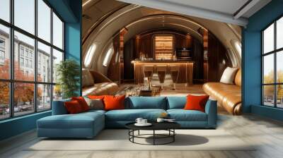 3D model of a luxury private jet interior, complete with leather seating, wood finishes, and a champagne bar Wall mural